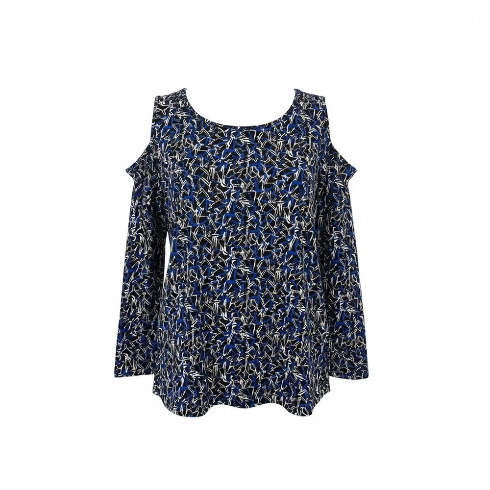 Anne Klein Women's Cold Shoulder Floral Print Top, Navy Blue and White Pattern,